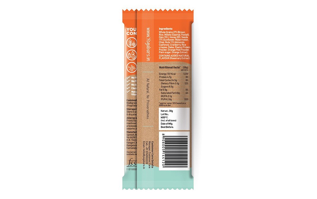 Yoga Bar Multigrain Energy Bar Orange Cashew   Pack  38 grams